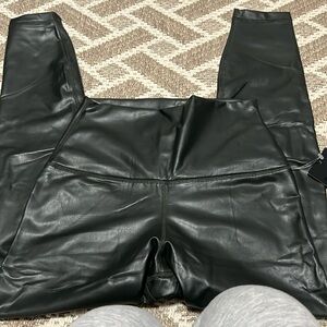 90 Degree by Reflex Leatherette Hi Rise Ankle Length Leggings Black Olive M